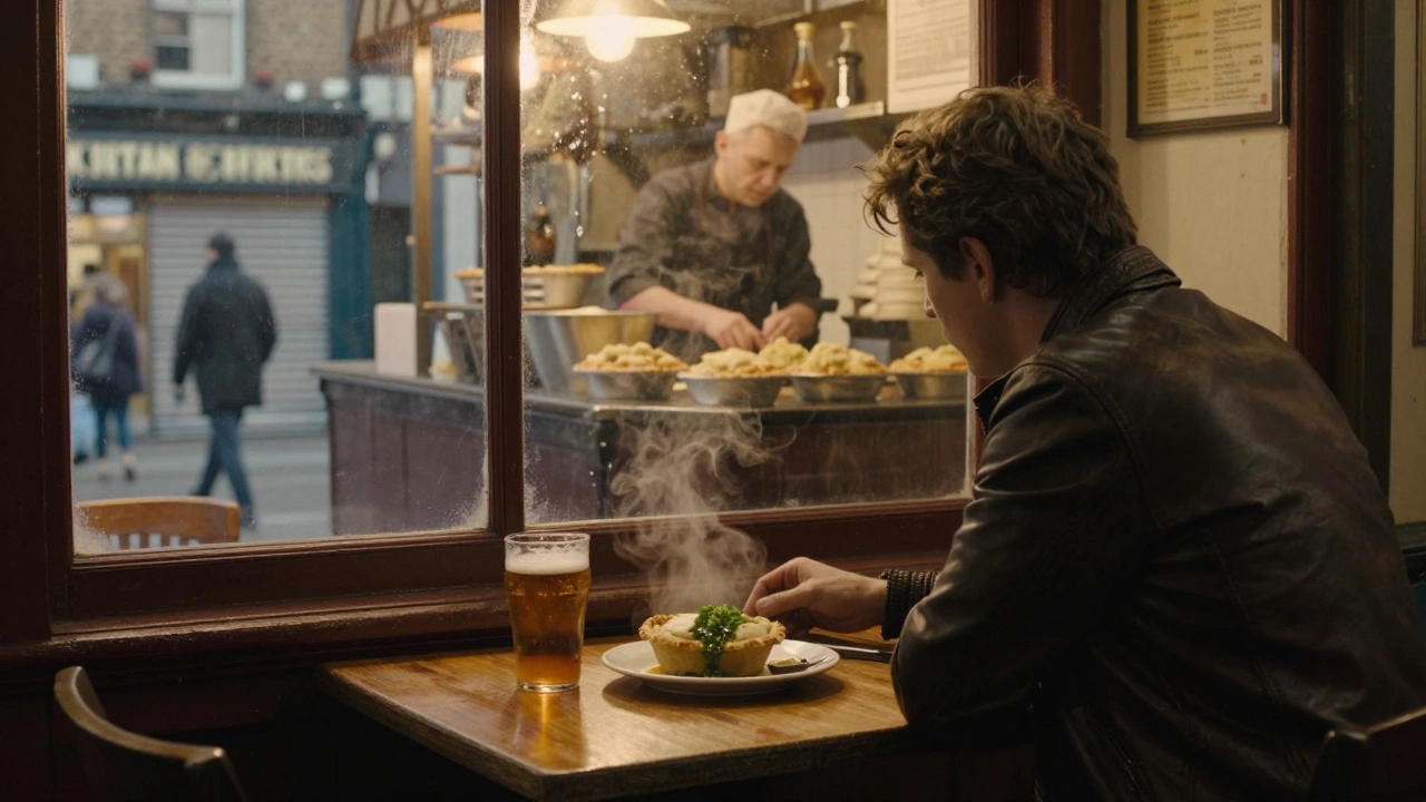 Patron eating pie and mash in a cozy 100-year-old shop late at night