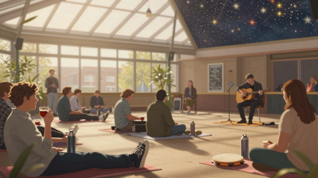 People relaxing at a free acoustic gig under a starry ceiling at Clapham Grand.