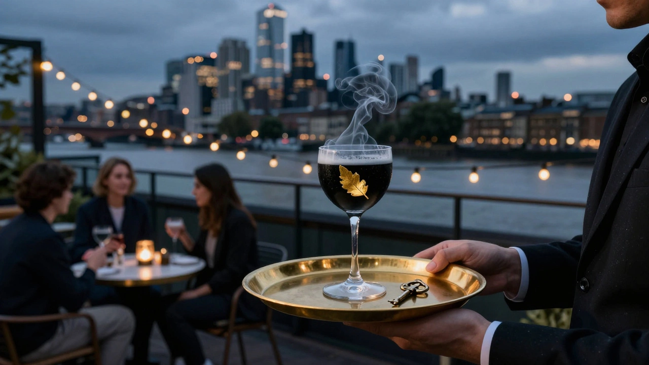Rooftop terrace overlooking the Thames at dusk, serving a smoky cocktail with gold leaf.