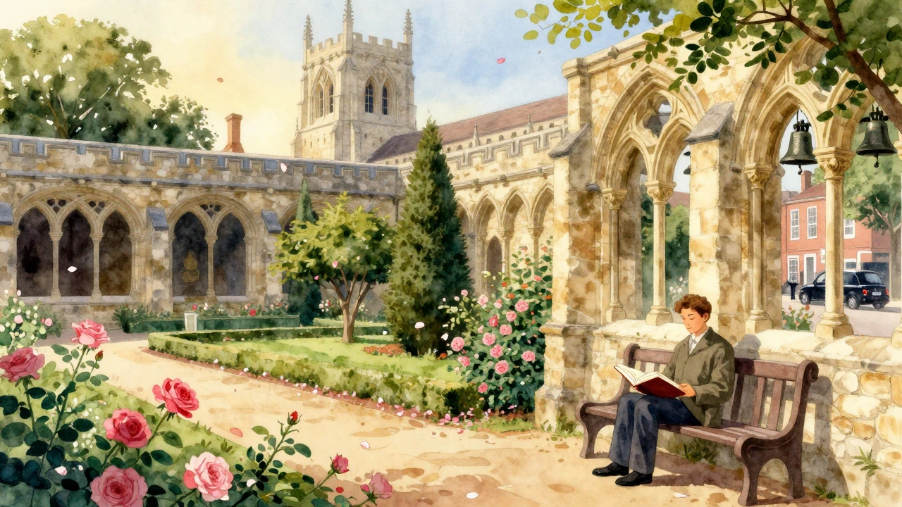 Serene cloistered garden with yew trees and a quiet reader, church bells echoing softly.