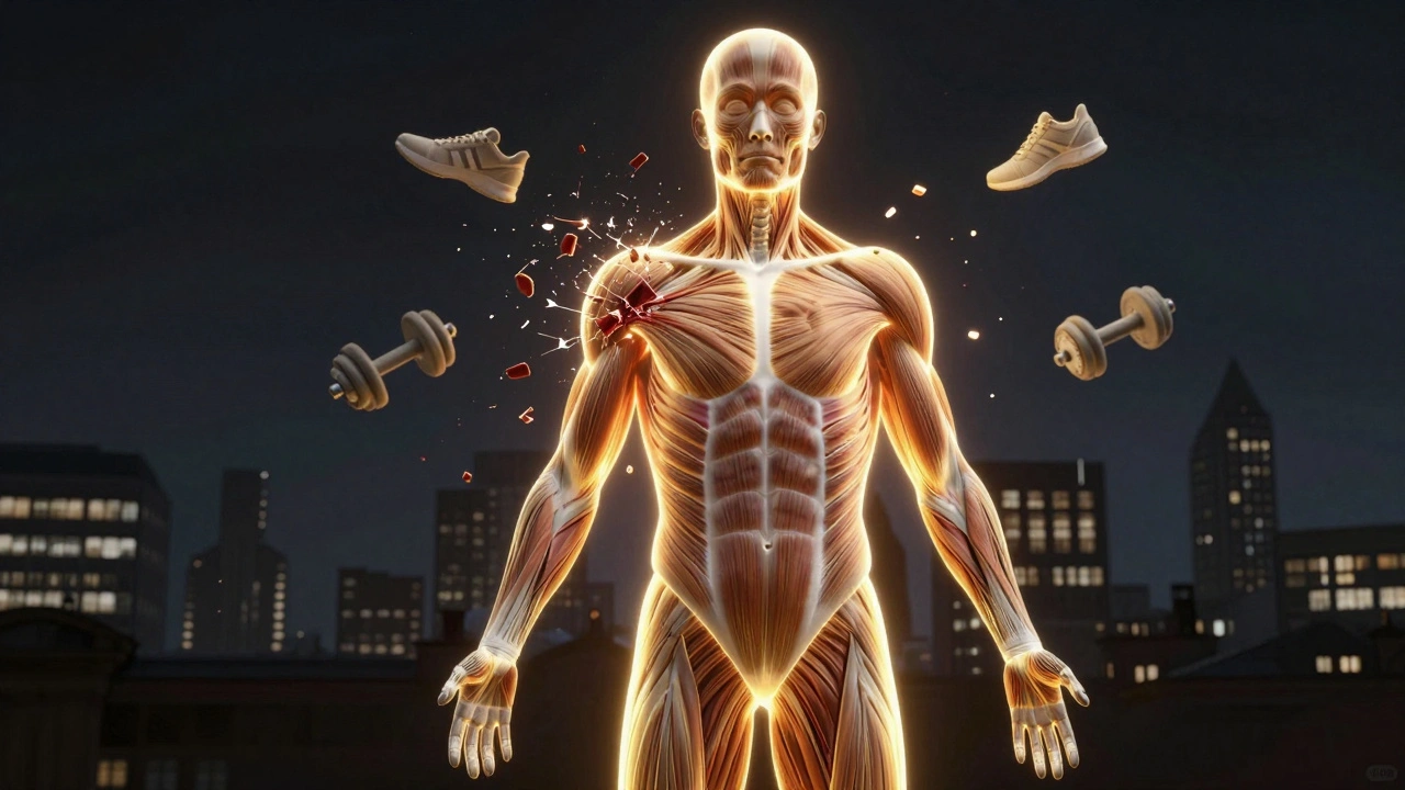 Silhouetted human body with glowing muscles as tension fractures into fragments around it.