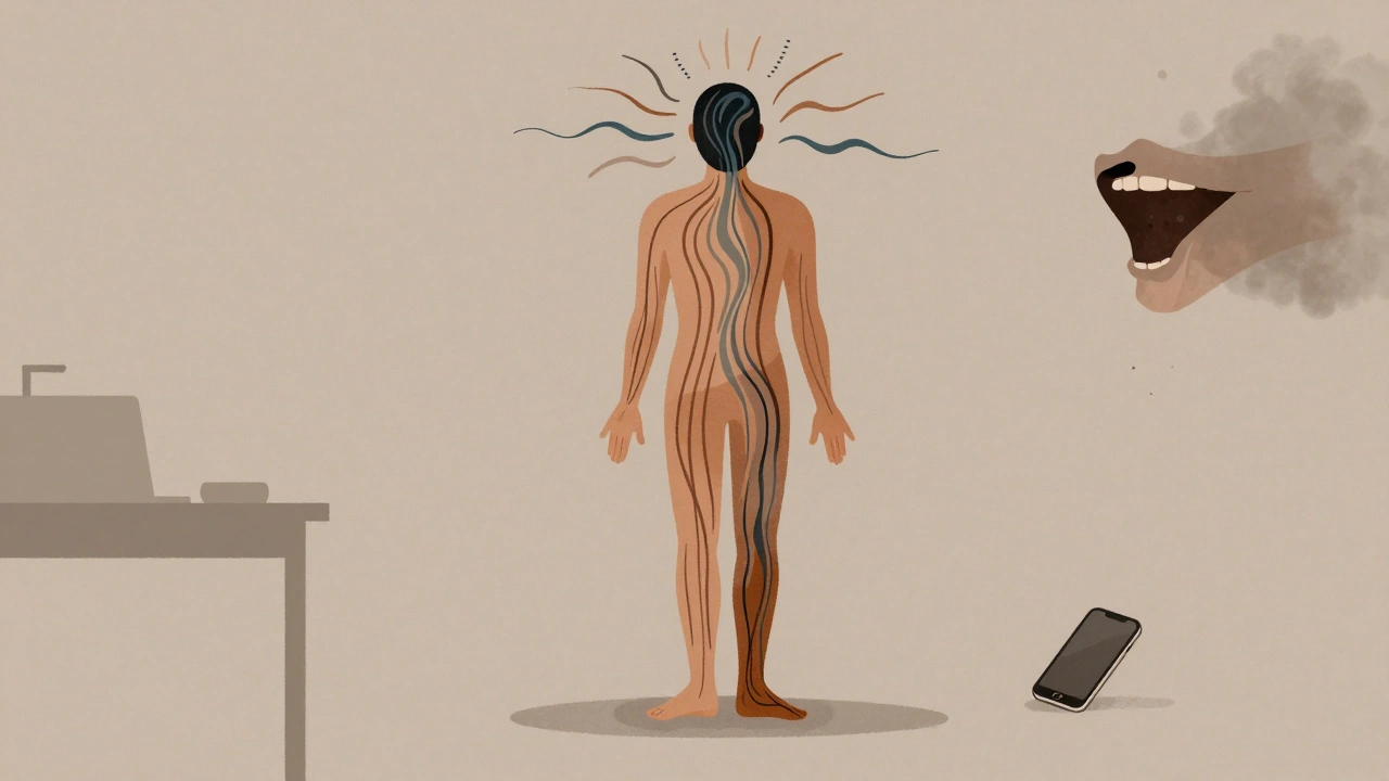 Stylized human form with color waves showing tension releasing from scalp to feet, symbolizing deep physical and emotional relief.