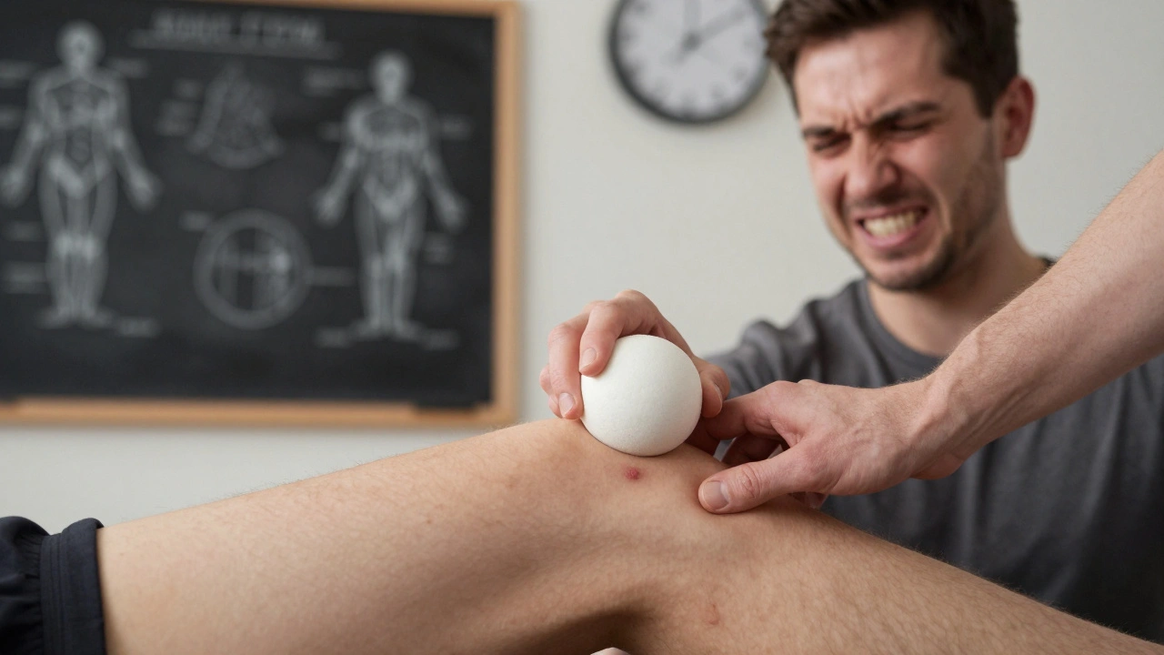 Therapist's hands using a lacrosse ball to release IT band tension on an athlete's leg
