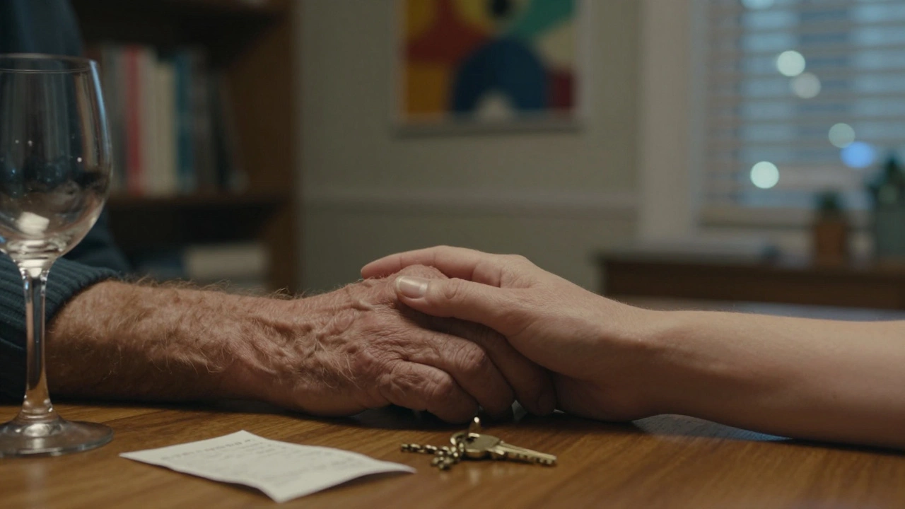 Two hands gently clasped on a wooden table beside a wine glass and key, blurred bookshelves and city lights behind them, symbolizing quiet connection.