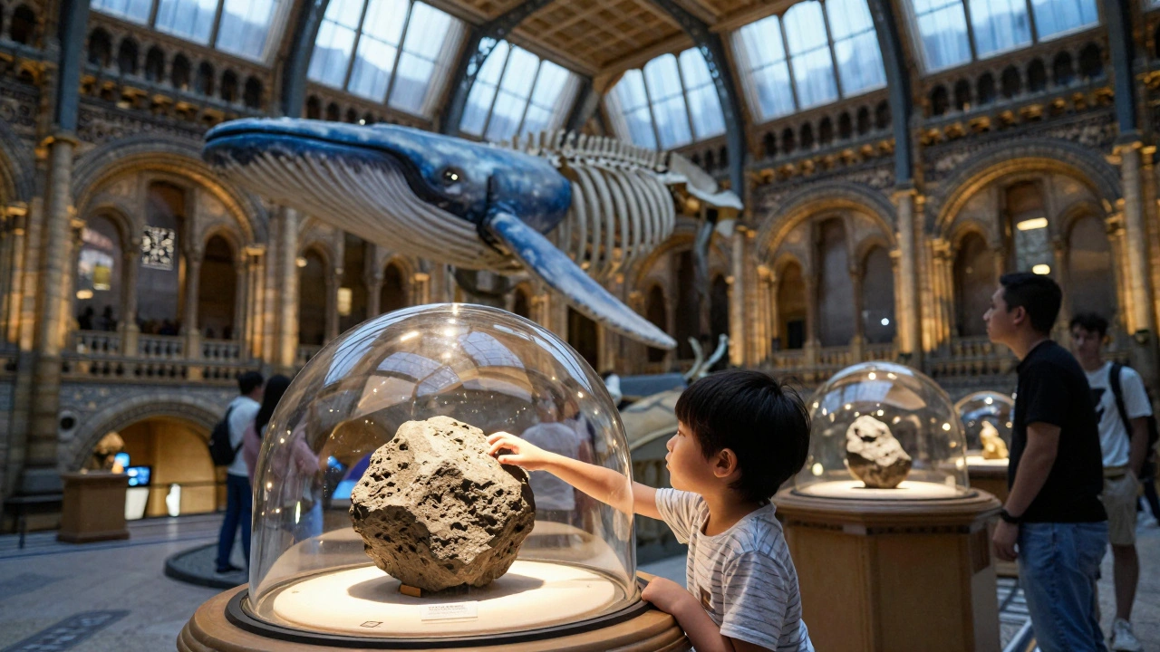 A child touching a meteorite in the Natural History Museum, awestruck under the shadow of a giant blue whale skeleton.