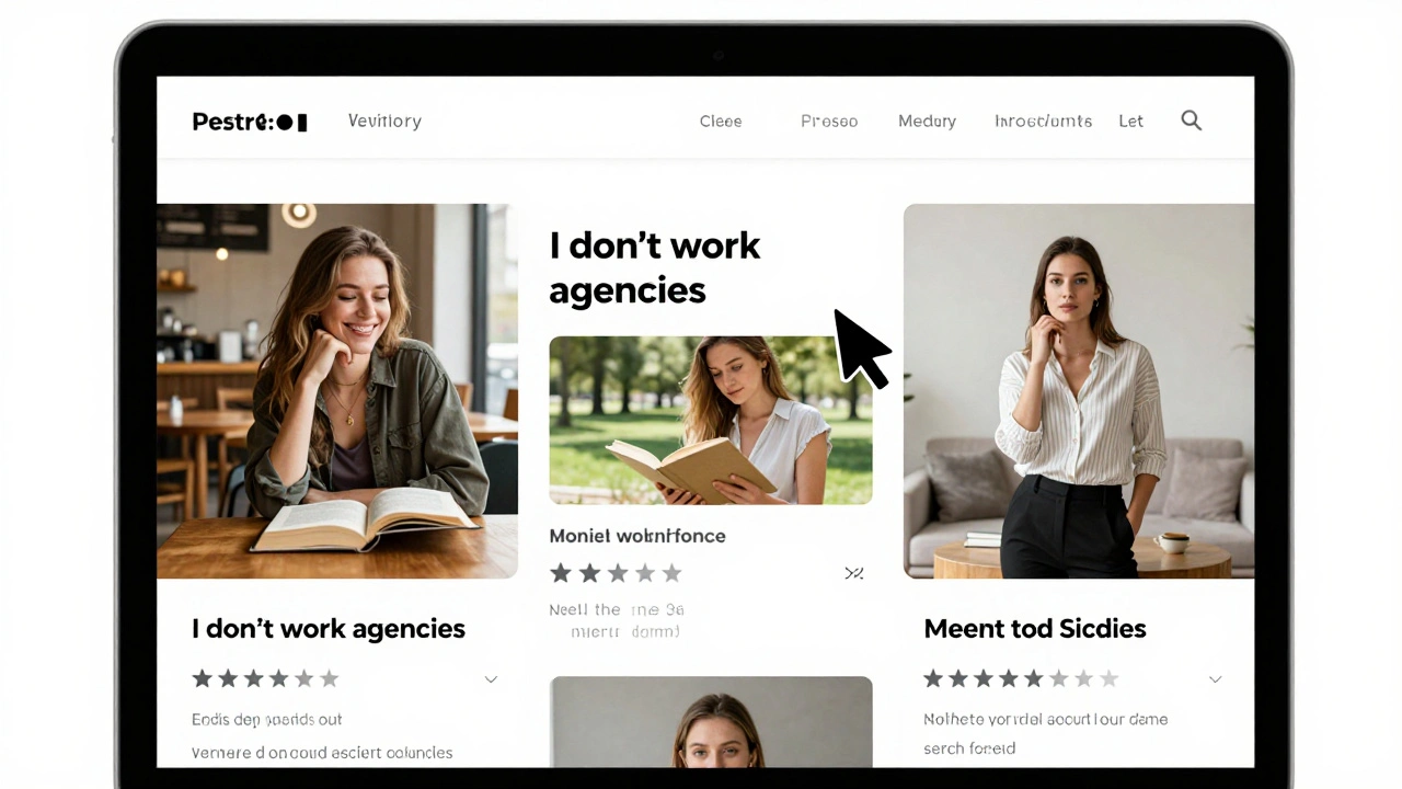 A clean website profile showing real photos of a woman at a café and reading a book.