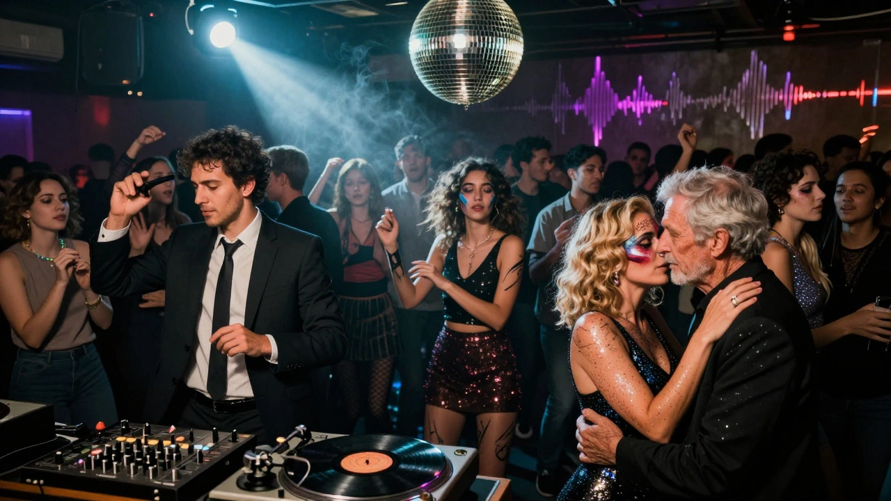 A diverse crowd dances together on Heaven’s basement floor under strobe lights and a disco ball, no one using phones.