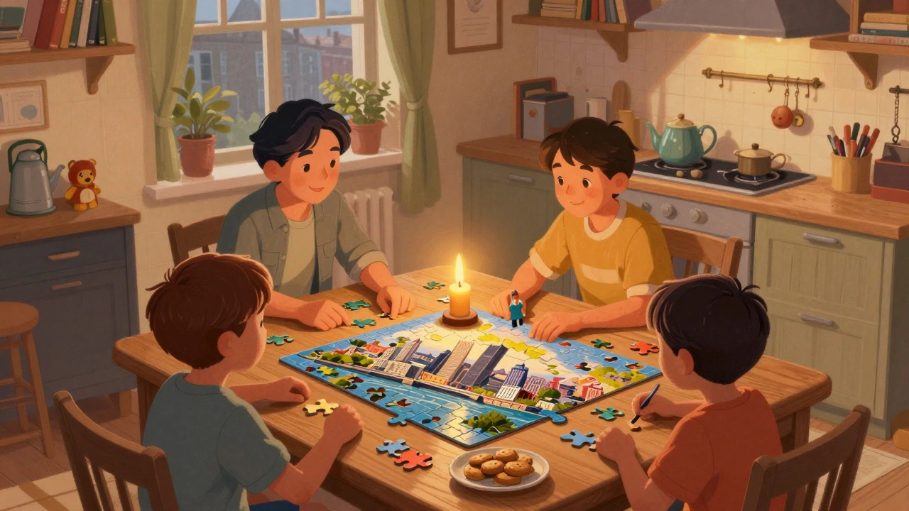 A family working together on a London skyline jigsaw puzzle by candlelight, surrounded by cozy kitchen details.