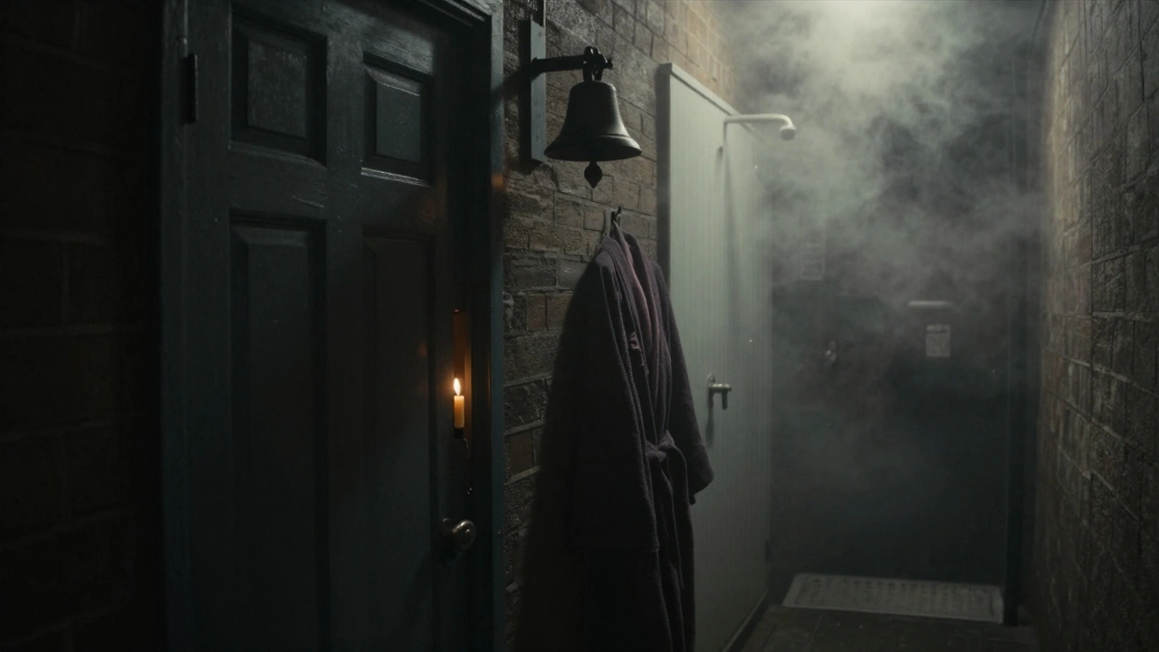 A lone bell beside a hidden door in an East London alley, candlelight glowing faintly inside.