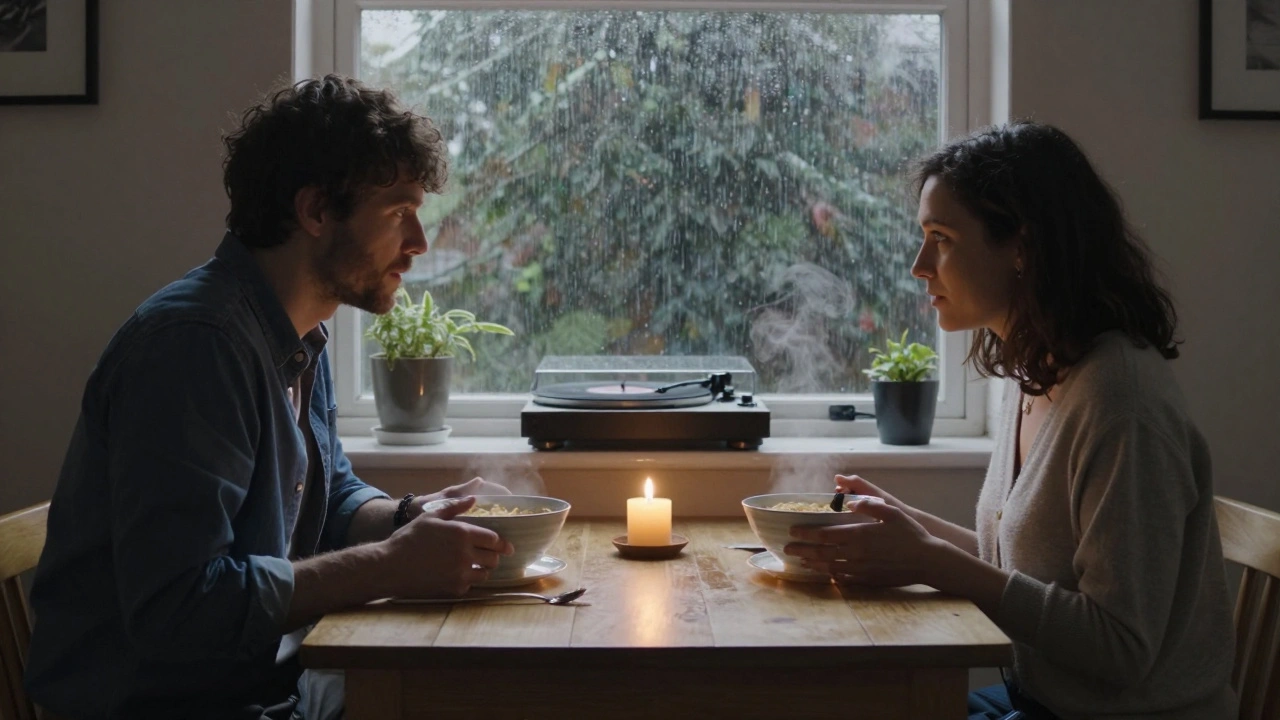 A man and woman sharing ramen at a candlelit table in Crouch End, gazing at each other in silent understanding.