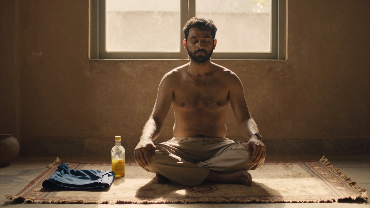 A man sits peacefully after an Indian massage, eyes closed, bathed in golden light, surrounded by oil bottles and folded clothes.