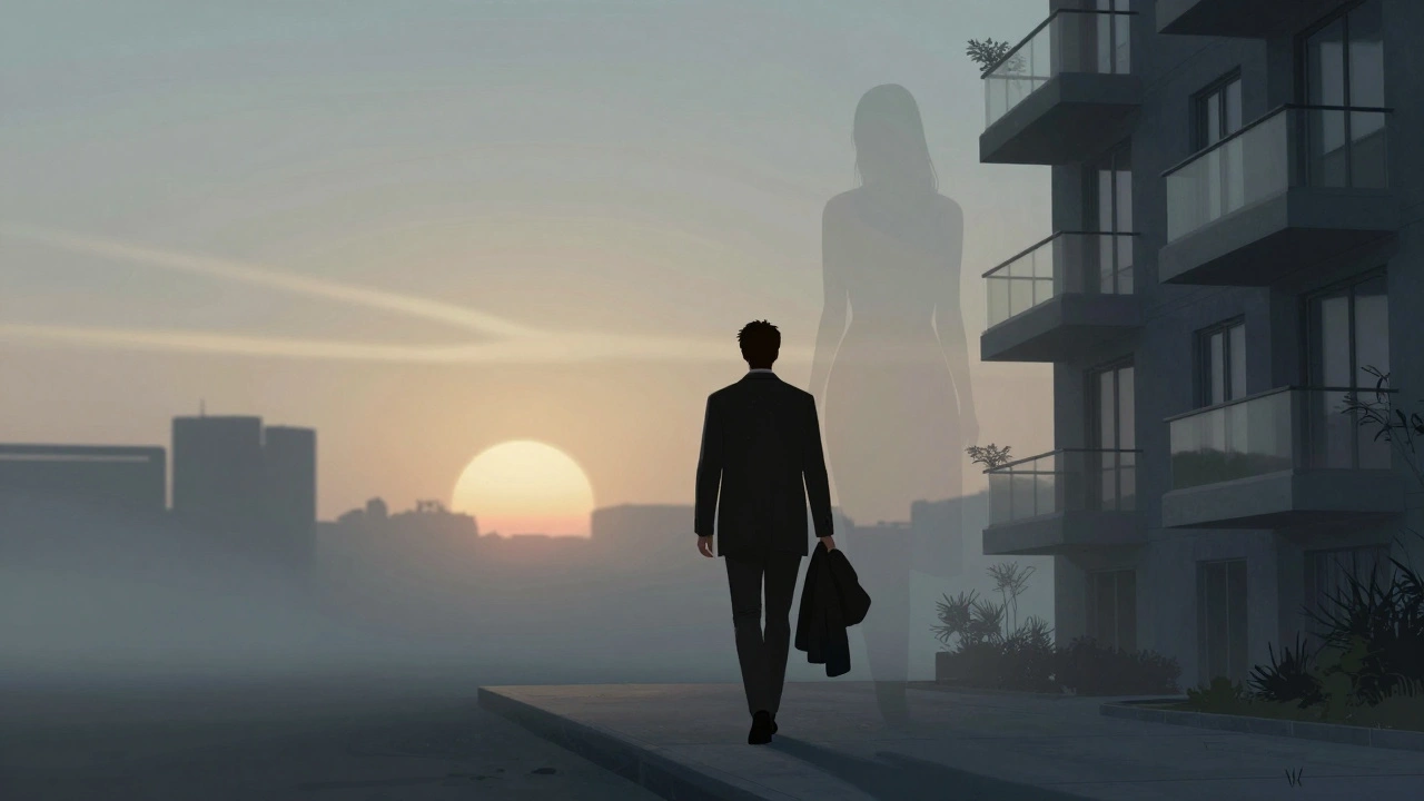A man walks away from a luxury building at dawn as a translucent figure of a woman fades into the sunrise.