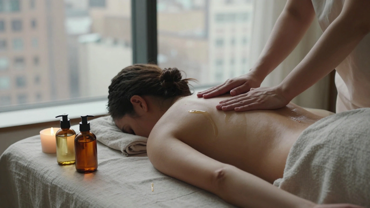 A person lies on a massage table surrounded by scented oils, candlelight casting soft shadows.