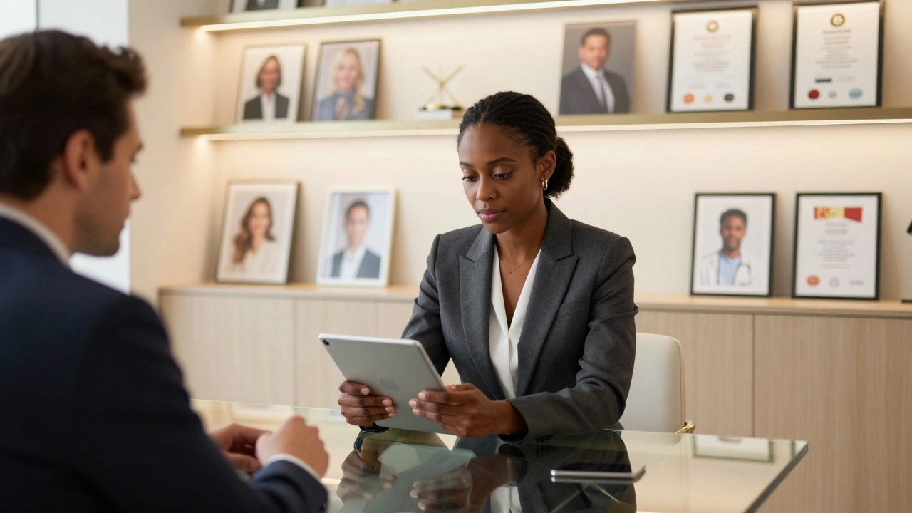 A professional Black woman in a tailored suit reviews client profiles in a sleek Mayfair agency lounge.