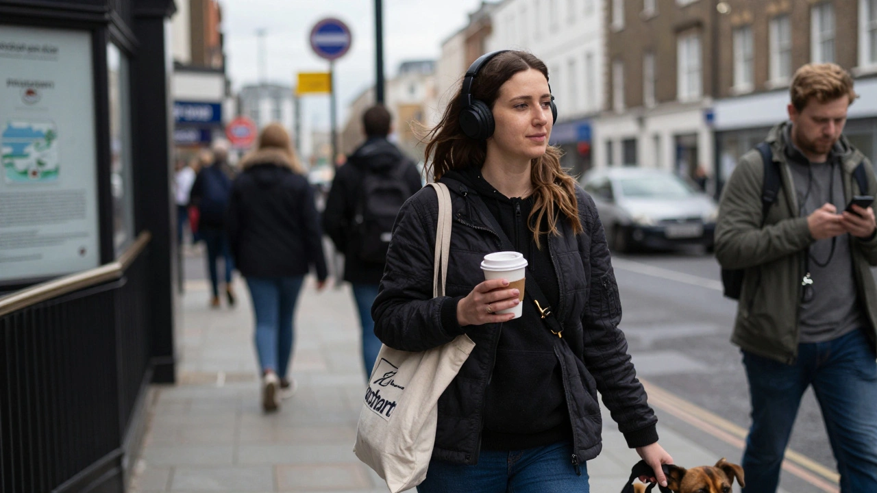 A real-looking woman in Brixton walks past a Tube station with a coffee cup and dog leash, natural lighting, no filters.