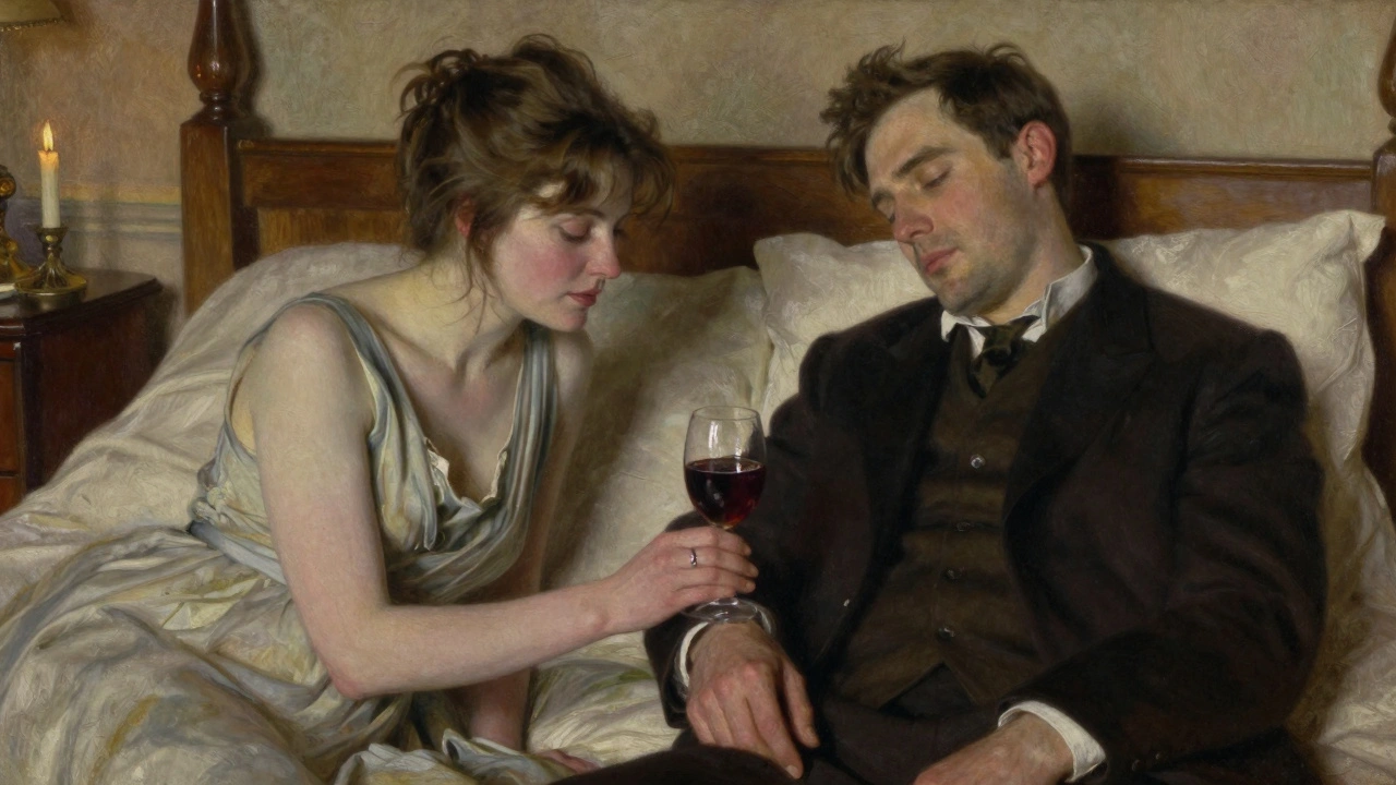 A woman gently touches a man's wrist as she passes him wine in a softly lit bedroom, conveying quiet intimacy.