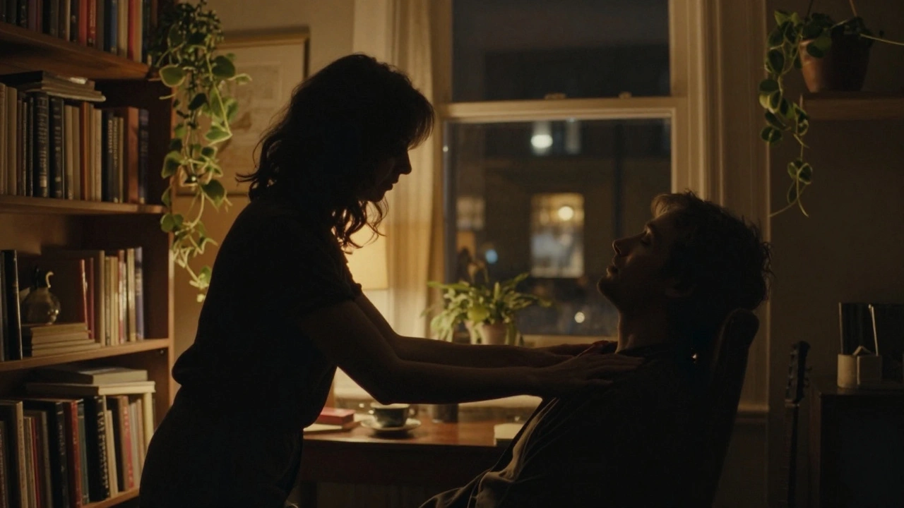 A woman gently touching a man’s arm in a dim room filled with books and plants, conveying deep emotional connection.