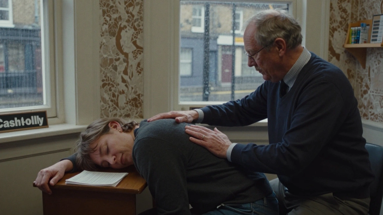 An elderly therapist rests hands on a client's back in a quiet, rain-lit room with peeling walls.