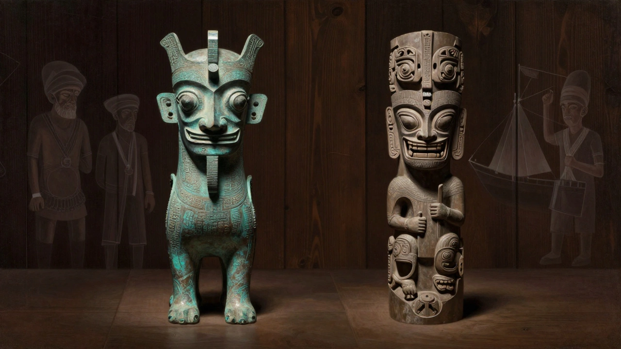 Benin Bronzes and Māori carvings illuminated together, with ancestral figures subtly fading into the background.