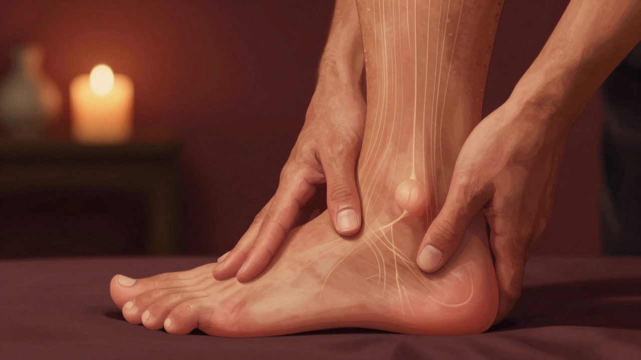 Close-up of a hand applying pressure to a man's foot, with glowing lines representing nerve pathways.