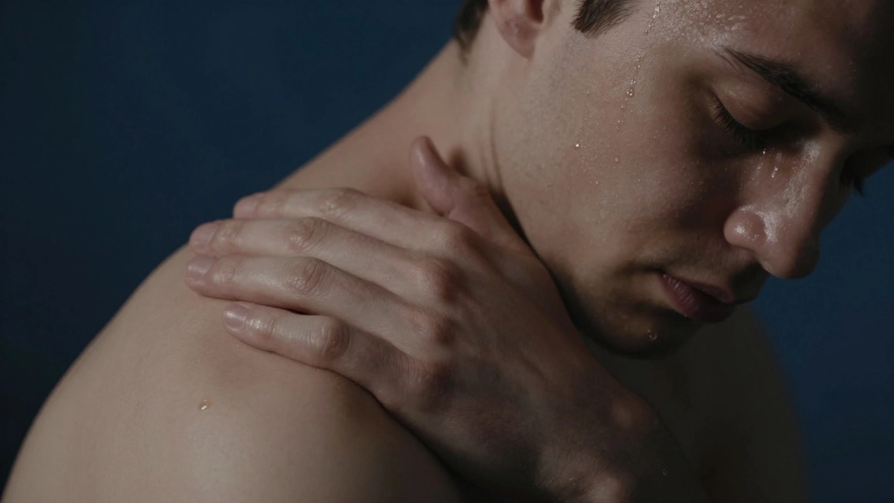 Close-up of hands resting on a shoulder, oil glistening, tear on a closed eye in soft shadow.