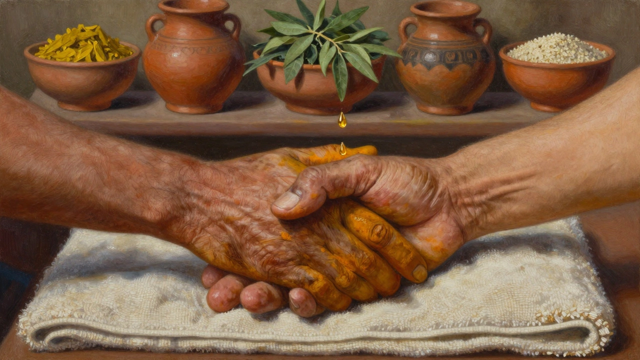 Close-up of two hands clasped together — one stained with turmeric — as a single drop of healing oil hangs in the air.