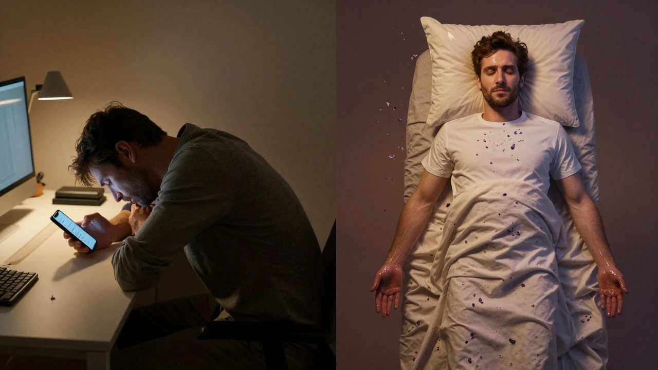 Contrasting images of a stressed man at a cluttered desk versus a tranquil man floating in calm during a massage.