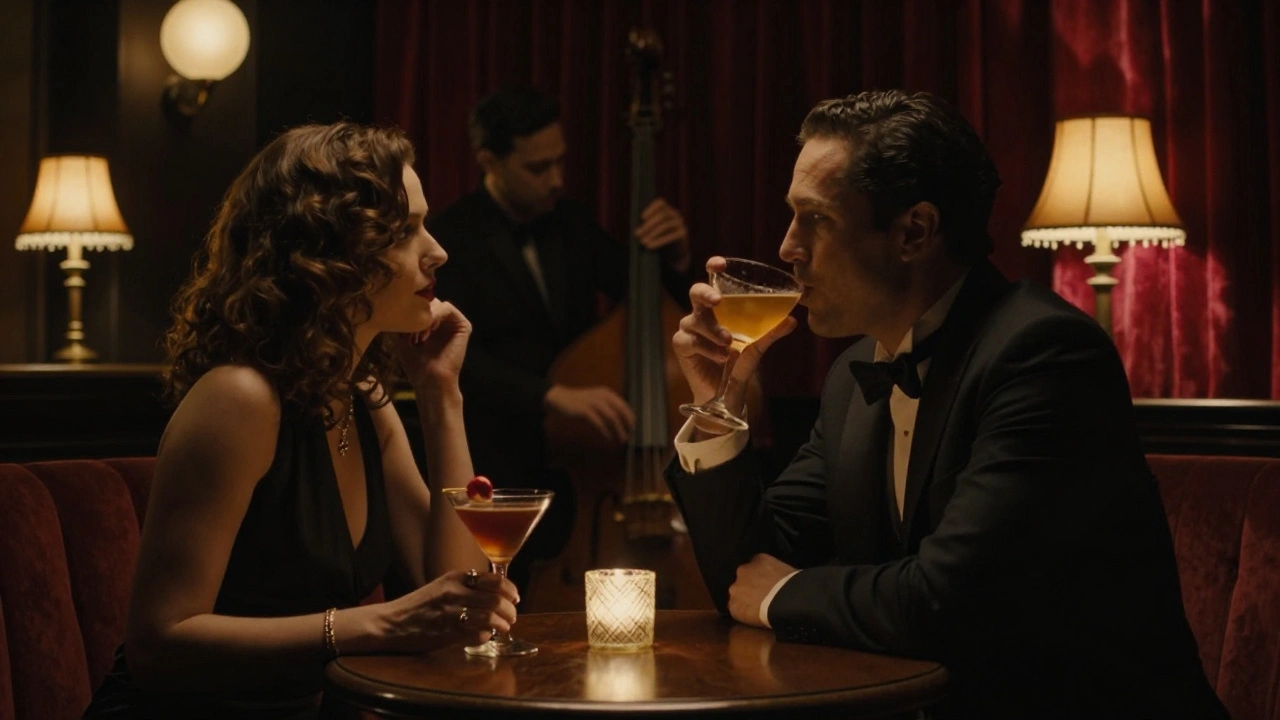 Couple in a vintage speakeasy bar with jazz band playing in the background