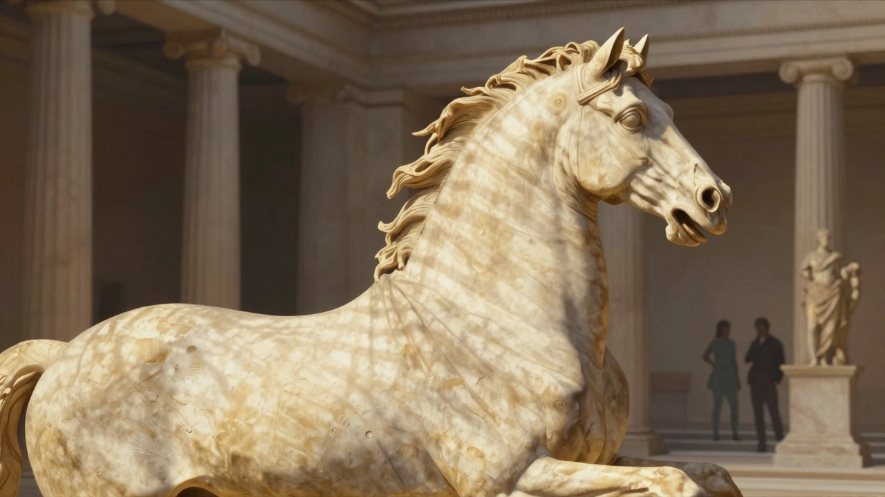 Detailed marble horse from the Parthenon Sculptures, with intricate drapery caught in golden light.
