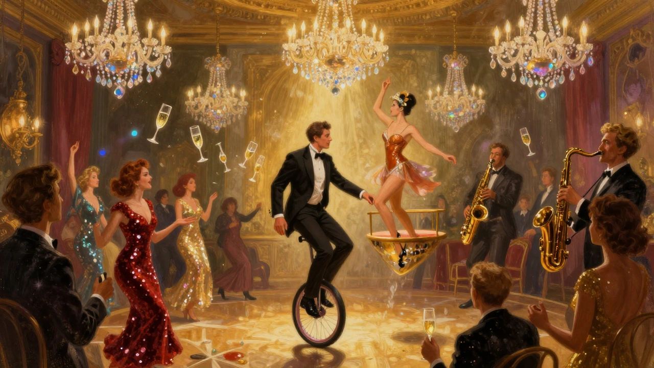 Glittering chandeliers and unicycle rider in tuxedo at The Box Soho, burlesque dancer and saxophonist in vibrant scene.