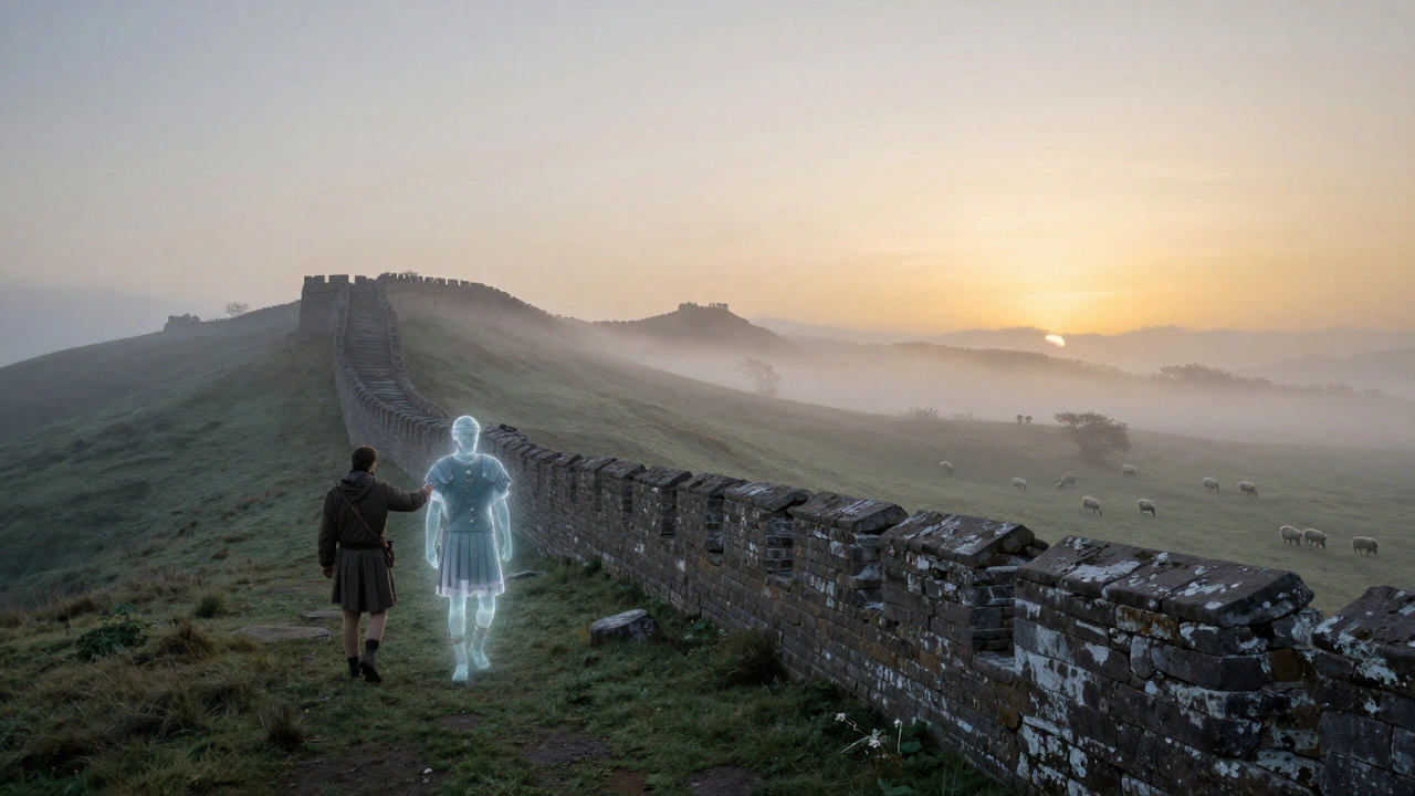 Hadrian’s Wall at sunrise with a walker touching ancient stones beside a ghostly Roman soldier.