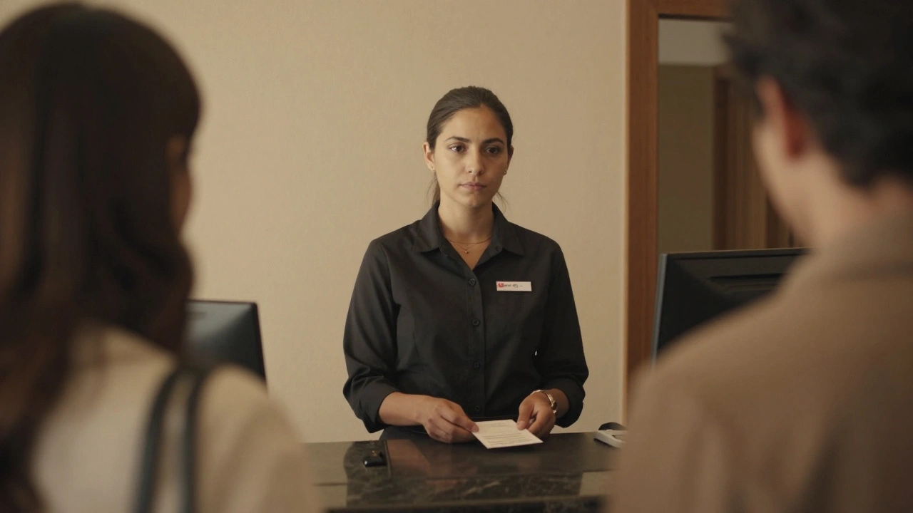 Hotel reception staff processing check-in while ignoring guest.