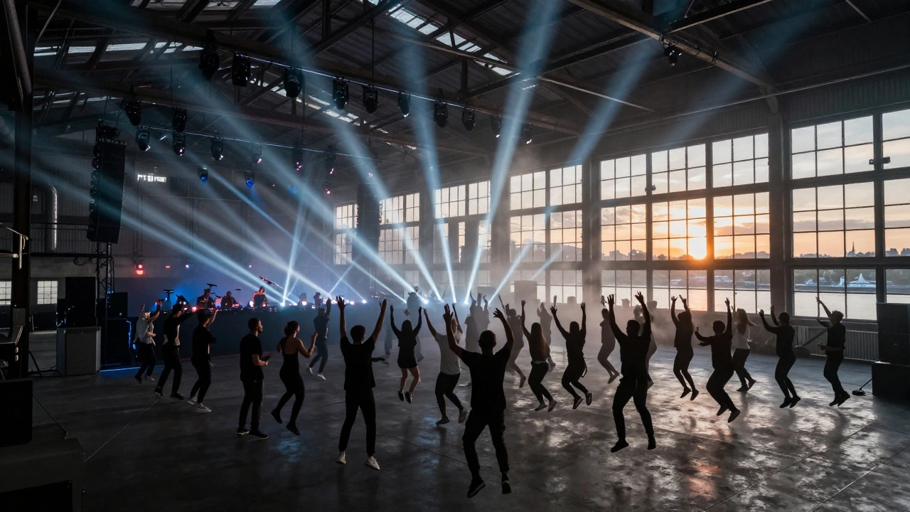 Massive warehouse club Printworks at dawn, thousands of moving lights and silhouetted dancers under industrial beams.