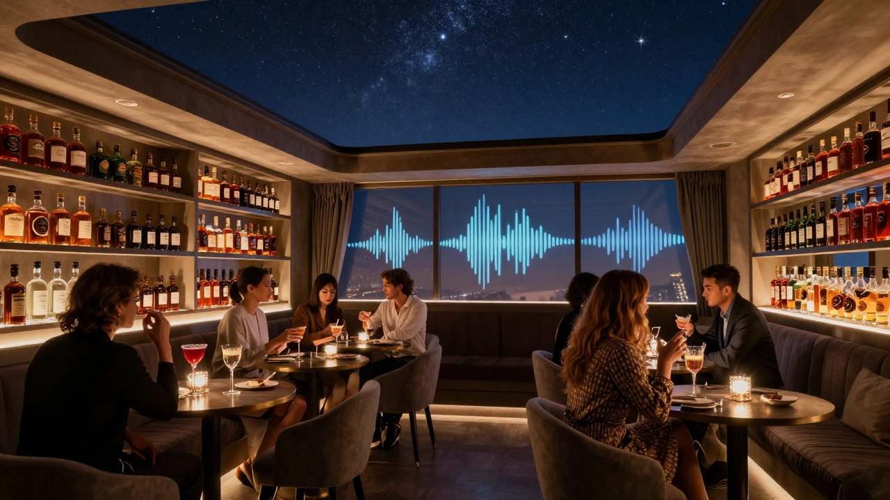 Private lounge at Barbary with open ceiling to starry sky and guests enjoying cocktails.