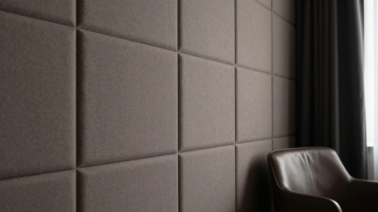 Soundproofed hotel room wall with acoustic panels and blackout curtains.