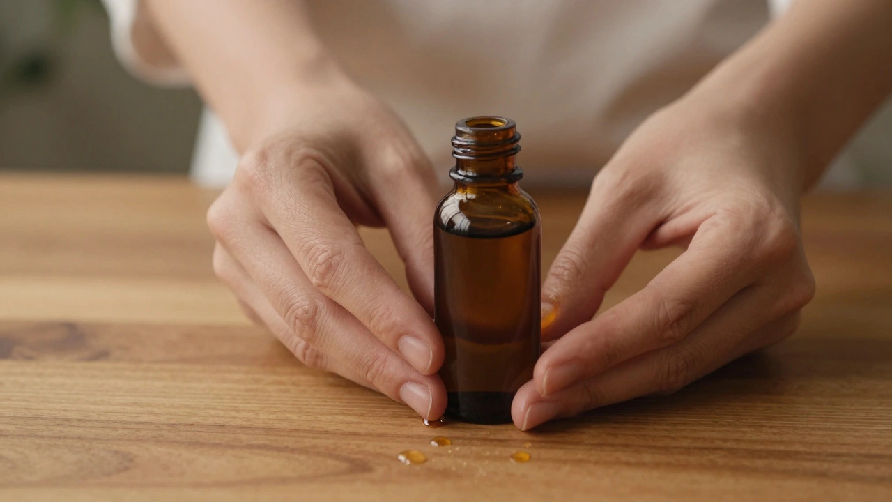 Therapist's hands holding organic oil bottle, droplets on wood surface