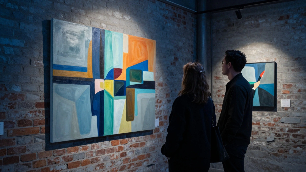 Two people examining abstract art in a hidden Hackney gallery with exposed brick walls