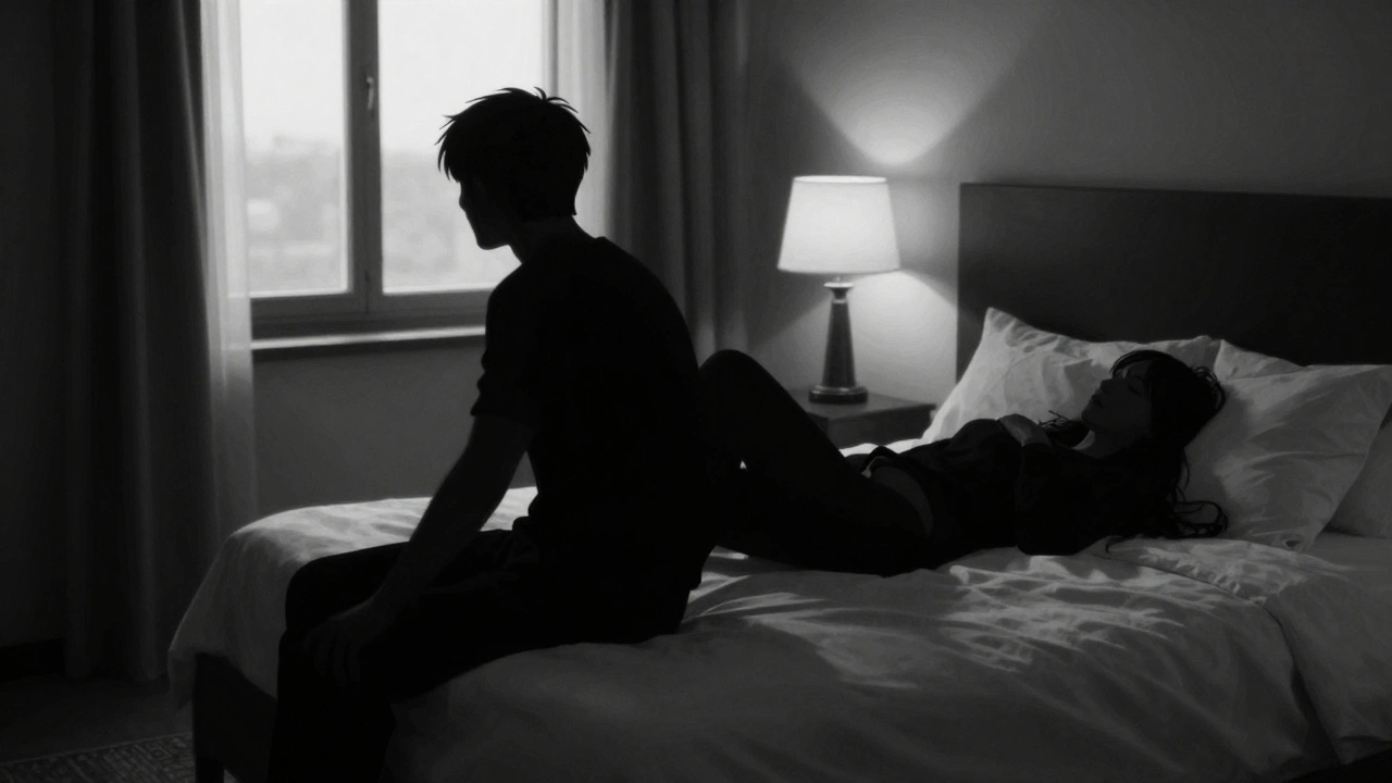 Two silent silhouettes in a dim hotel room, sharing quiet intimacy after connection, dawn light filtering through the window.