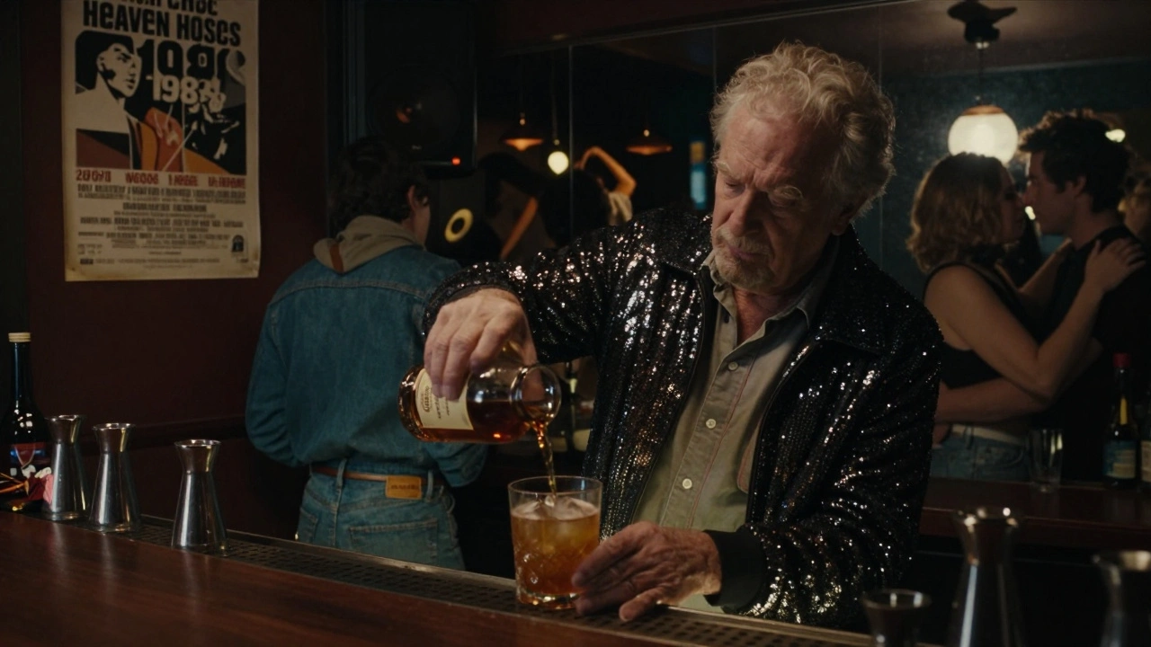 A bartender pouring a cocktail at the Heaven Bar, surrounded by diverse patrons under low lighting and mirrored walls.