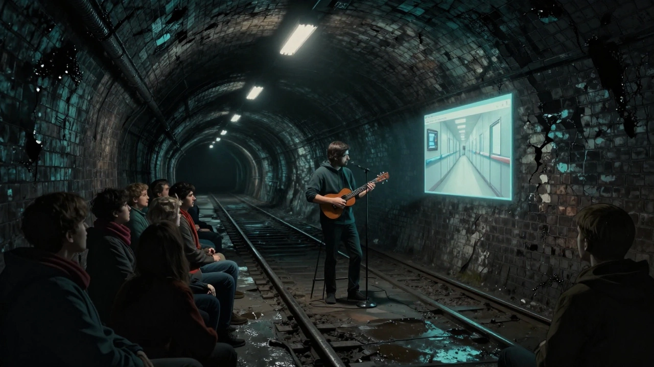 A comedian performs with a ukulele in a damp railway tunnel under Waterloo Station, audience in quiet awe.