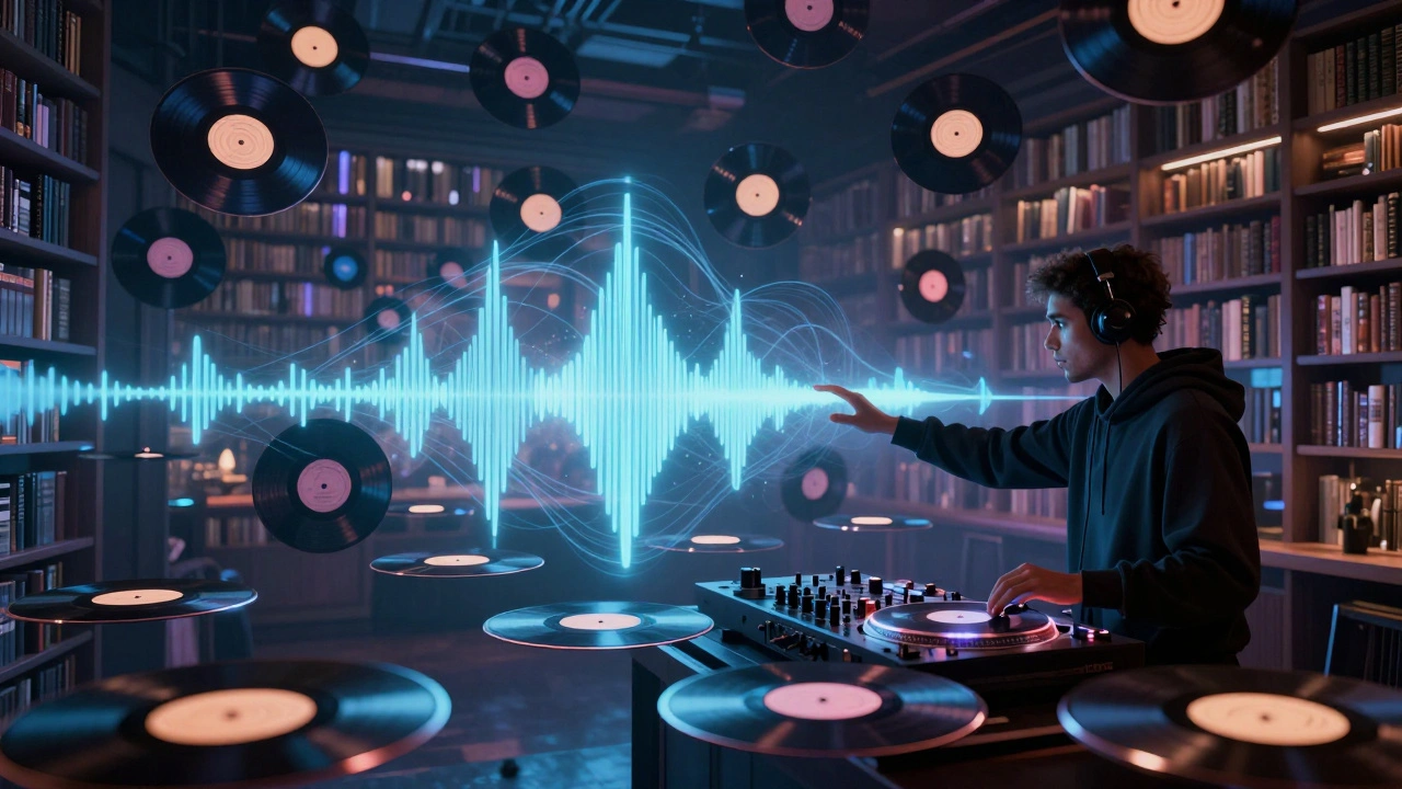 A digital archive of historic dance tracks floats as glowing vinyl records above a club basement, connecting past and present.