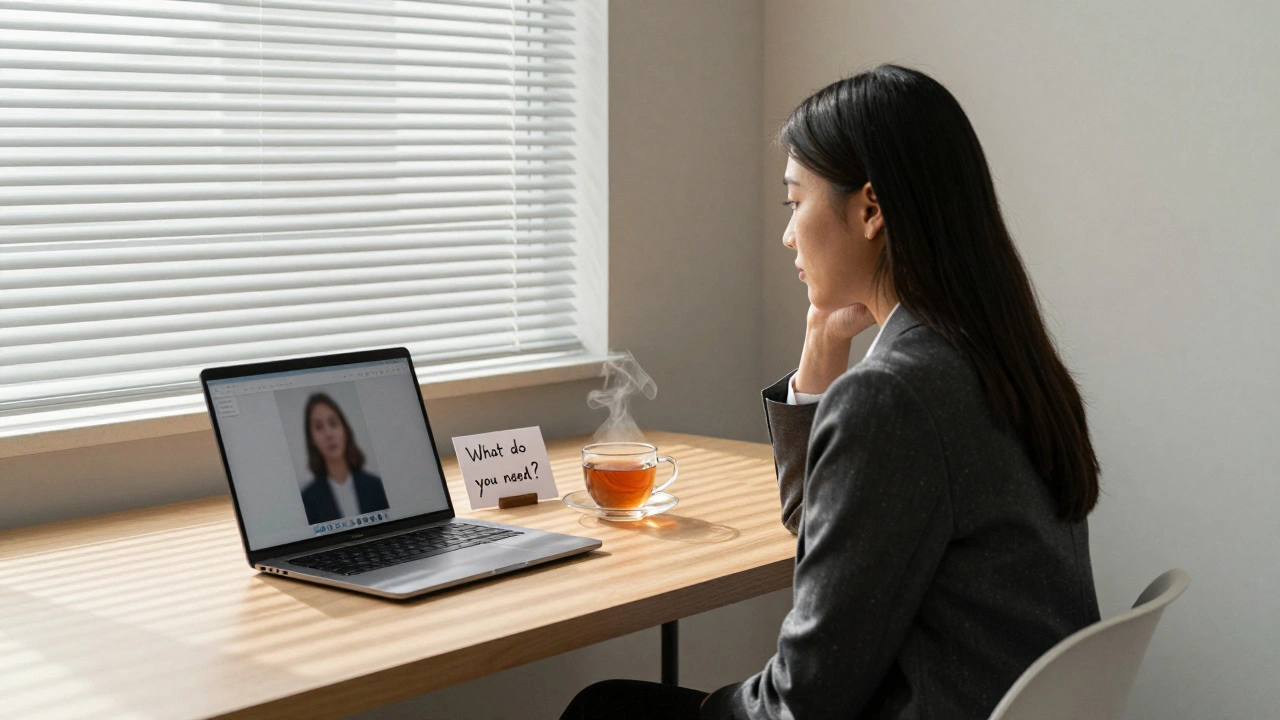 A discreet escort agency consultation room with a wooden desk, handwritten note, and professional woman seated calmly.