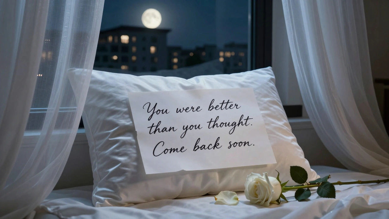 A handwritten note on a silk pillow beside a rose, bathed in moonlight from a luxury apartment window.