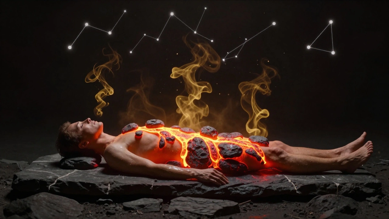 A human form surrounded by radiant heat waves rising from hot stones, symbolizing deep relaxation and emotional release.