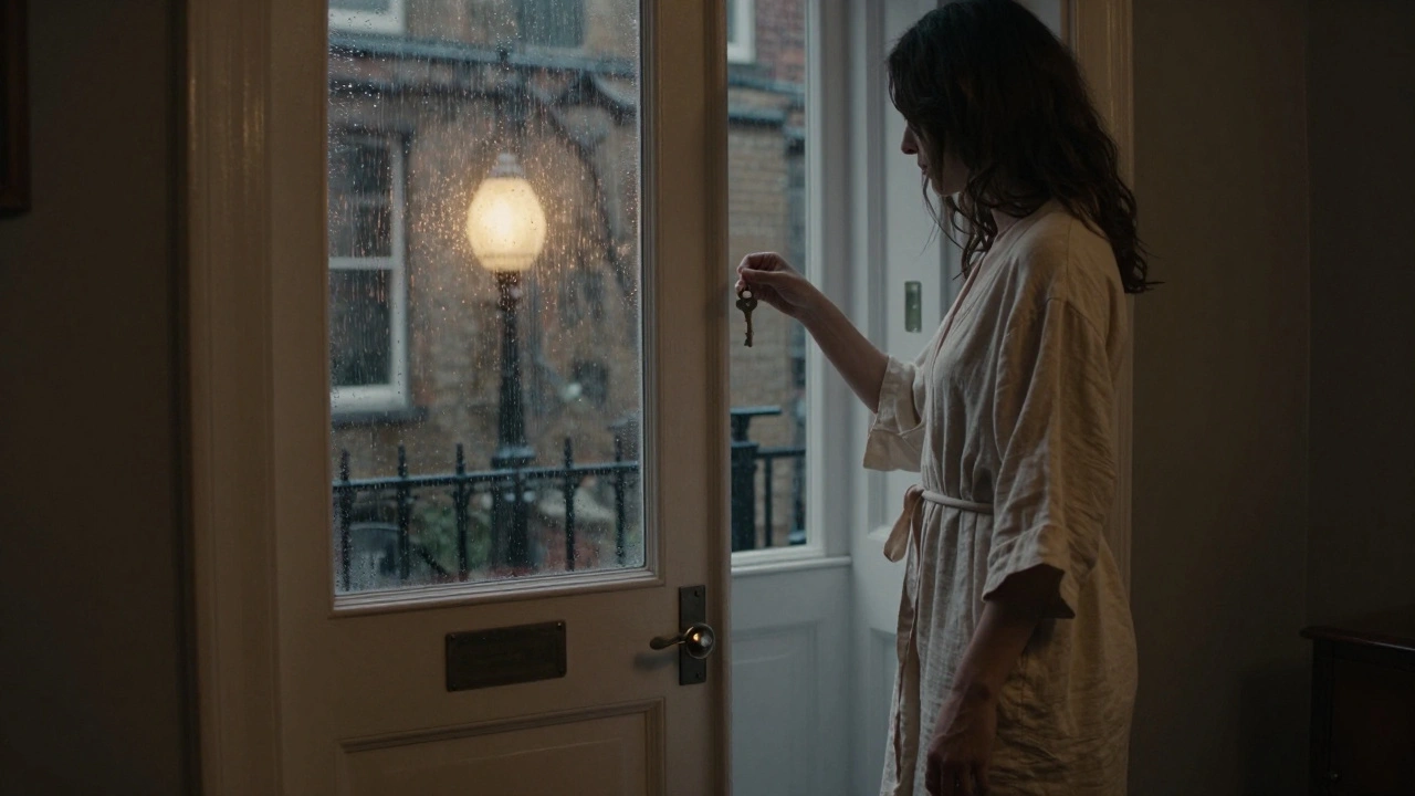 A key rests in a woman's hand beside a rain-streaked window in a discreet London apartment, evoking secrecy and trust.