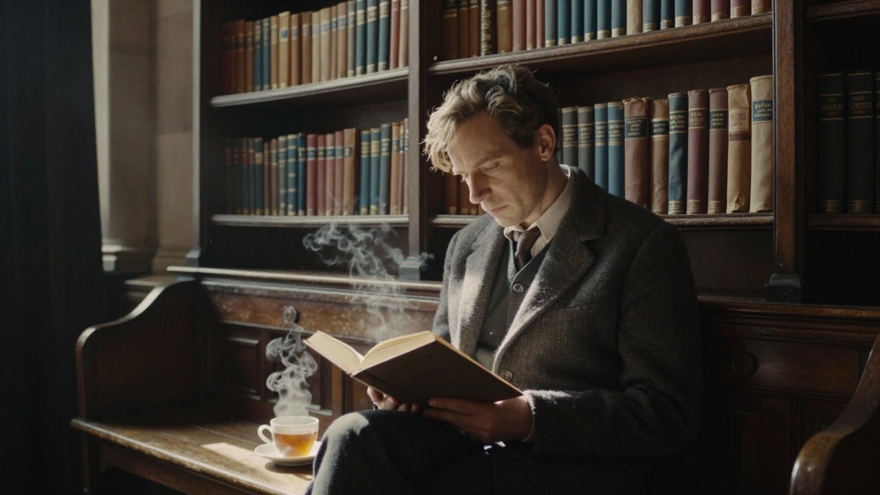 A local reader seated alone in the King's Library Tower, bathed in soft sunlight with a cup of tea.