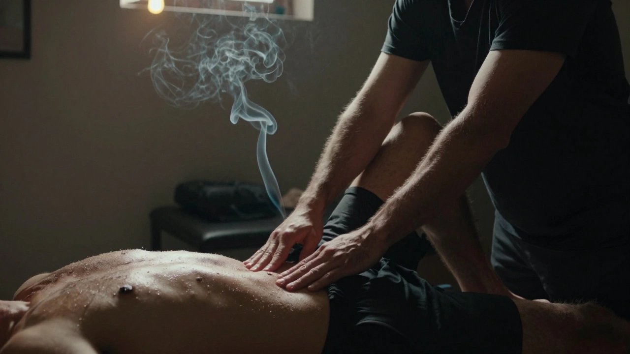 A male therapist applying deep pressure to a client's hips in a warm, smoky Soho studio.