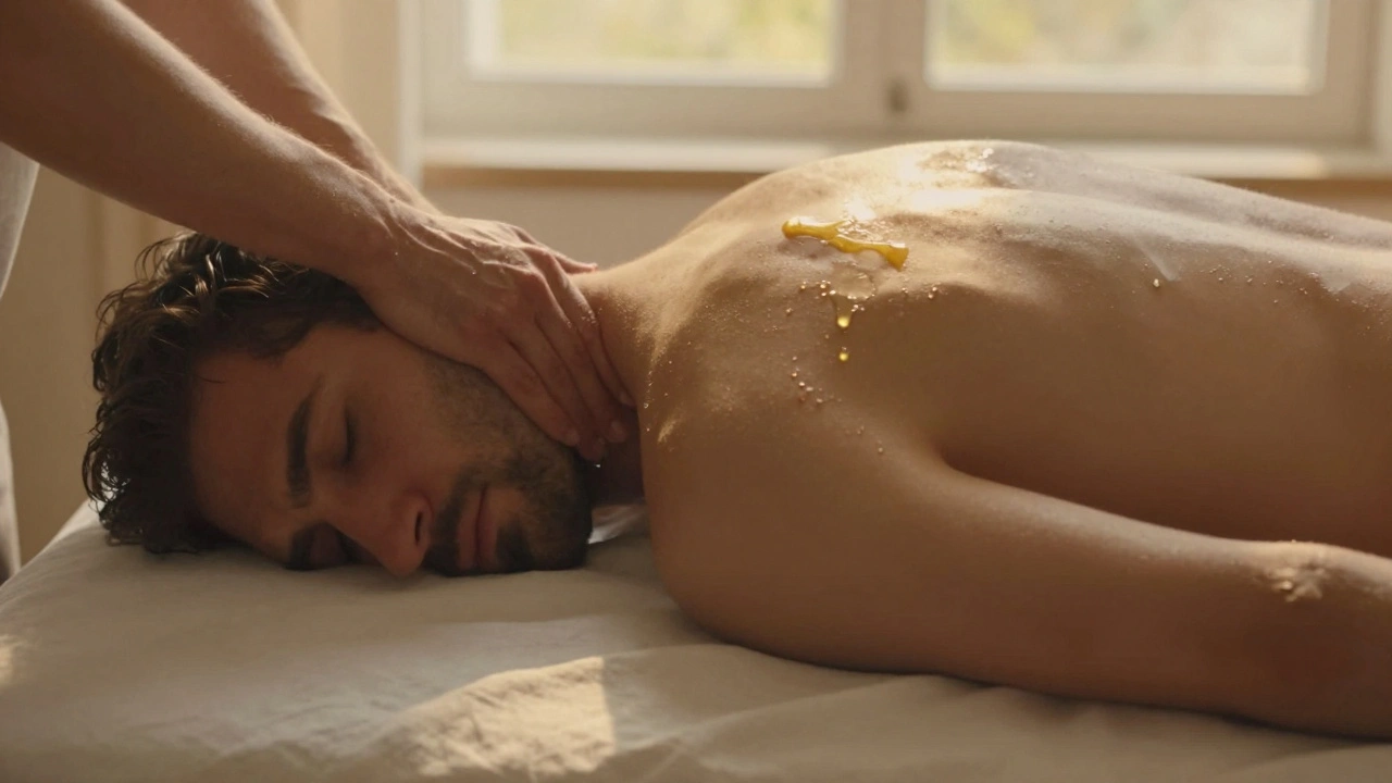A man lying peacefully after a massage, shoulders relaxed, golden light highlighting his spine.