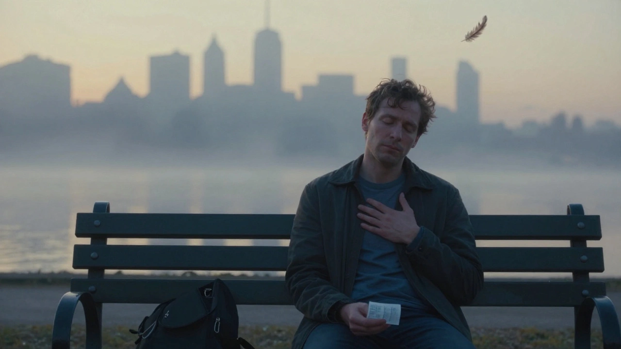 A man on a dawn park bench, eyes closed, hand on chest, a feather drifting in the air as city fog lifts softly.
