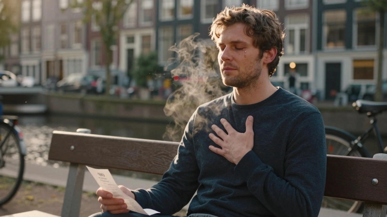 A man sits peacefully outside a massage studio at sunset, visibly relaxed after his session.